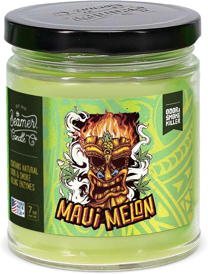 Beamer Candle Co. - Maui Melon Candle – Sweet Tropical Melon Scent – Notes of Tropical Fruit, Cucumber, Musk - Odor Eliminating - High Fragrance - Medium 7oz Glass Jar - 55 Hour Burn Time