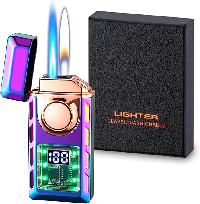 Smart Display Dual Flame Torch Lighter, Transparent Core Electric Lighter with LED Display, Butane Refillable & Type-C Charging, Windproof Jet Flame & Soft Flame Lighter (Without Butane)-Rainbow Ice