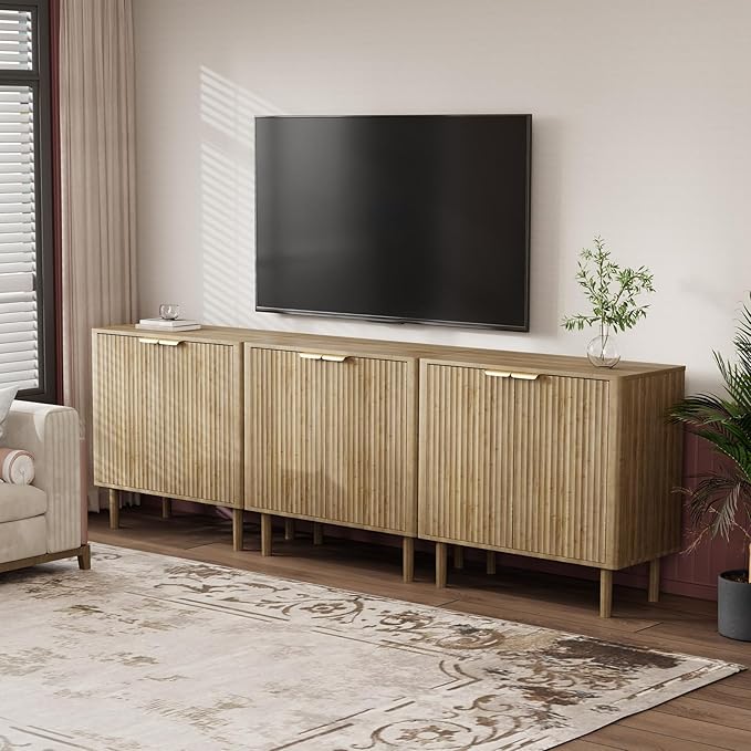 IKALIFE Sideboard Buffet Cabinet with Storage, Modern Fluted Accent Credenza with Doors & Adjustable Shelves, Wood Coffee Bar Console Table for Living Room, Dining Room, Kitchen or Entryway 31.5" Oak