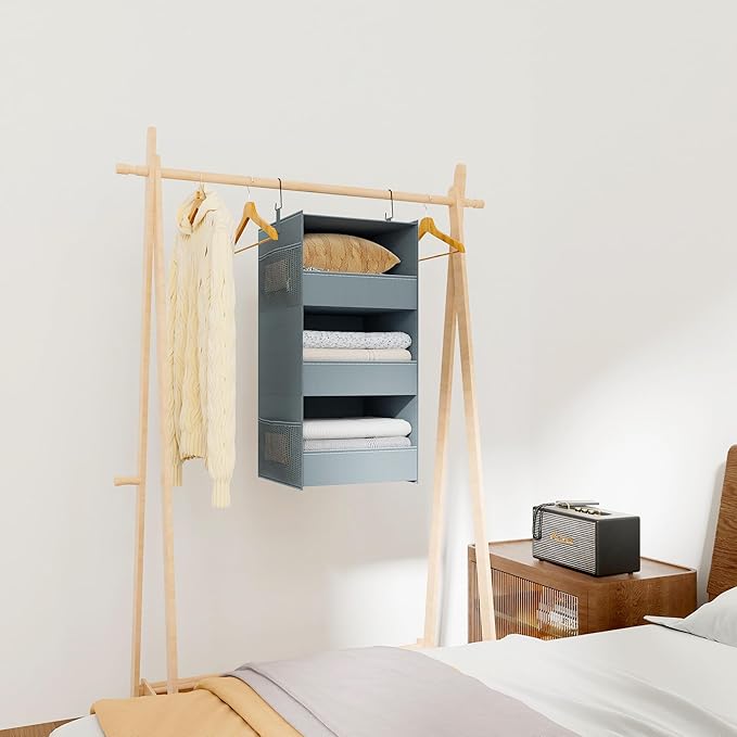 3-Shelf Hanging Closet Organizer and Storage, Foldable Hanging Closet Shelves Front Lip Design Washable Hanging Storage, 28" X 11-3/4" X 11-3/4", Gray