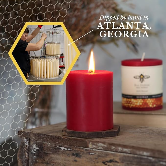 Big Dipper Wax Works Red Pillar Candle, 40-Hour Long Burn, Pure Beeswax Candle, 2" x 4.75”