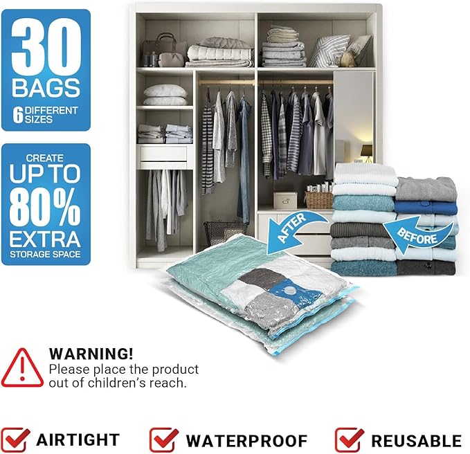 300NY Vacuum Storage Bags, 30 Pack + 1 Electric Air Pump (5 Super Jumbo, 5 Jumbo, 5 Extra Large, 5 Large, 5 Medium, 5 Small) Perfect for Compression and Space for Travel