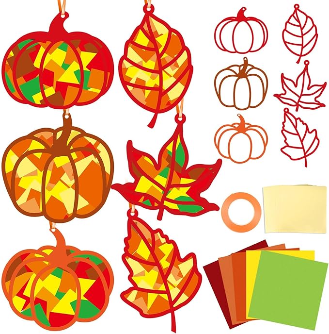 Qyeahkj 36 Set Fall Suncatchers Crafts for DIY Autumn Window Tissue Paper Crafts Kit Maple Leaves Pumpkin Hanging Decor for Thanksgiving Home Activity Art Project Birthday Party Favor Gift