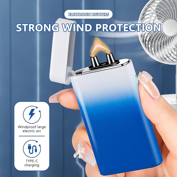 SKRFIRE Windproof Electric Lighter Rechargeable Plasma Lighters Arc Lighters Design USB Charging Lighter Battery Indicator Essential for Survival Hiking BBQ（Blue and White）