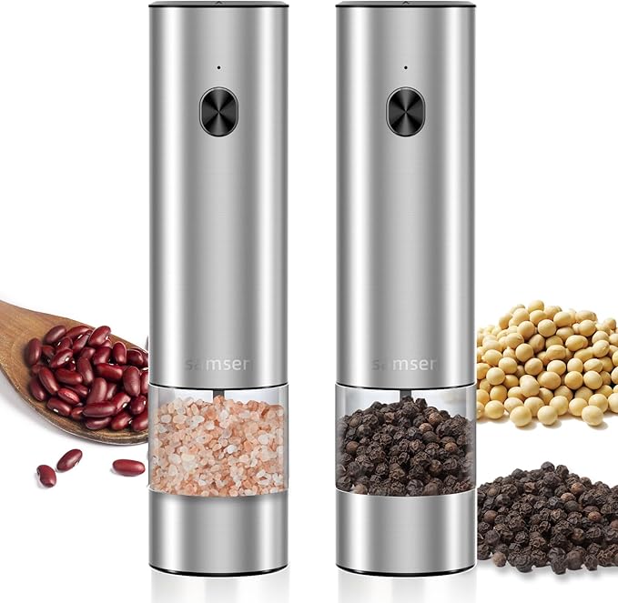 Stainless Steel Electric Pepper Grinder & Salt Mill Set - Battery Operated One-Hand Operation Adjustable Coarseness LED Light Transparent Container Easy Refill & Clean Push-Button Switch (2 Pack)