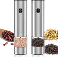 Stainless Steel Electric Pepper Grinder & Salt Mill Set - Battery Operated One-Hand Operation Adjustable Coarseness LED Light Transparent Container Easy Refill & Clean Push-Button Switch (2 Pack)