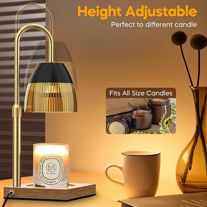 Candle Warmer Lamp with Timer Auto Off, Rose Gold Candle Burning Lamps Dimmable Height Adjustable Wax Melting Bedroom Night Light Metal Glass Lamp with Two GU10 Bulbs-Gift
