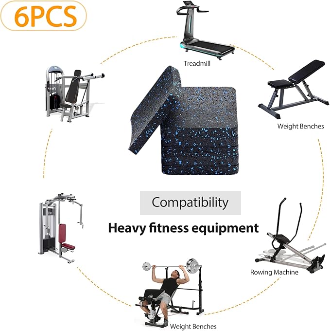 Treadmill Mat Pads - 6 PCS Shock Absorbing Rubber Pads for Treadmill and Fitness Equipment - Heavy Duty Floor Protector for Home Gym - Non-Slip Stability for Hardwood Floors - 3.94"x3.94"x0.5"