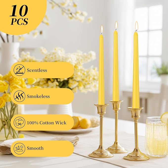 KONNI 0.87×10 Inch Yellow Taper Candles, Unscented and Smokeless Tall Candlesticks, 10 Pack Tapered Candles with Cotton Wicks, Long Burning, Ideal for Weddings, Dinner Parties, and Home Décor