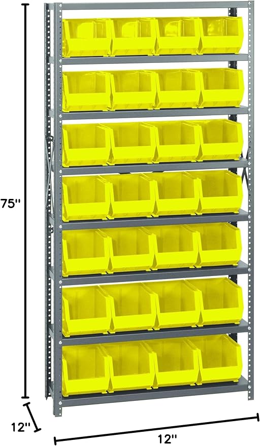 Quantum Storage Systems QSBU-239YL Giant Open Hopper Steel Shelving System, 12" D x 36" W x 75" H, with 8 Shelves and 28 QUS239 Bins, Yellow