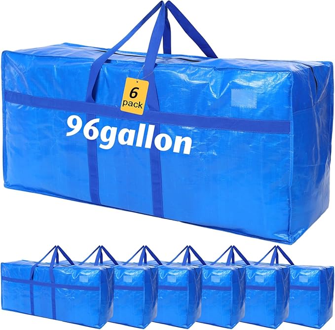 6 Pcs 96 Gallon Extra Large Moving Bags Heavy Duty Storage Bag with Strong Zipper Handle Foldable XXL Jumbo Storage Tote Packing Moving Box for College Dorm Travel Cloth Duffle (Blue)