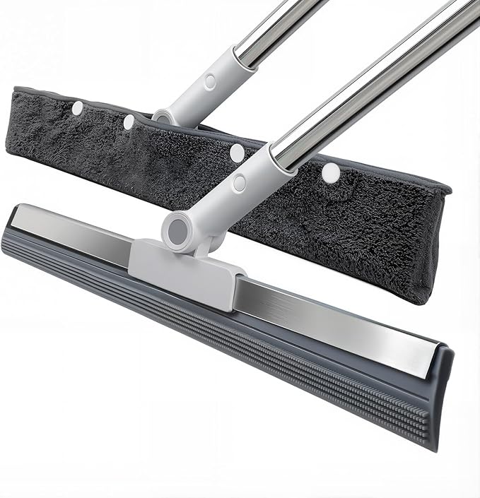 3-in-1 Floor Squeegee with 51″-58″ Telescoping Handle & 180° Rotating Head for Tile, Hardwood & Under-Furniture Cleaning, Air Broom for Water & Pet Hair Removal