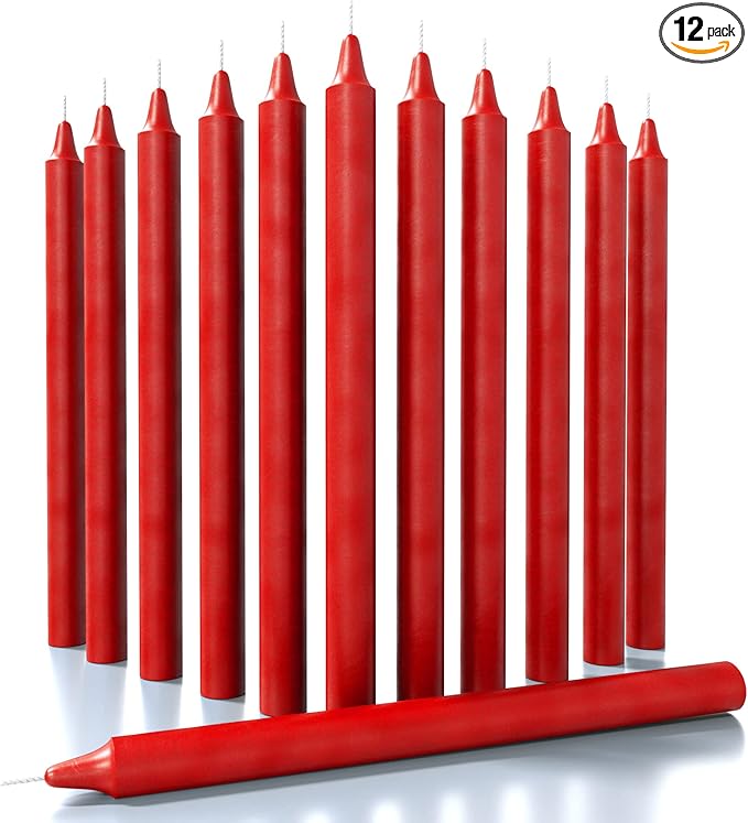 CANDWAX Red Taper Candles Pack of 12 - Slow Burning Dripless Unscented Straight Candles 12 inch - Ideal for Dinner Table - Smokeless Long Candlesticks