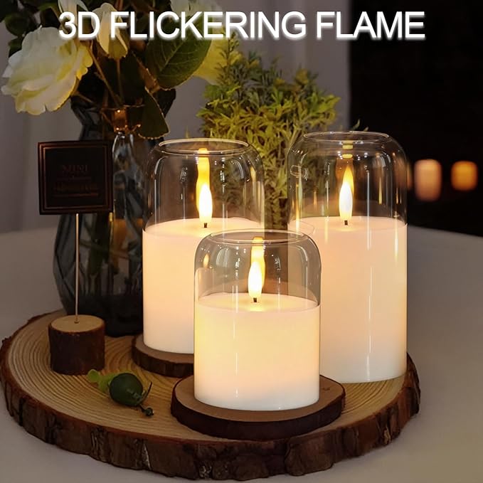 Glass Flameless Candles with Remote, Set of 3 Battery Operated Candles Flickering with Real Wax and 3D Wick, LED Pillar Candle for Home Halloween Christmas Decor(Clear, D3”xH4”5”6”)