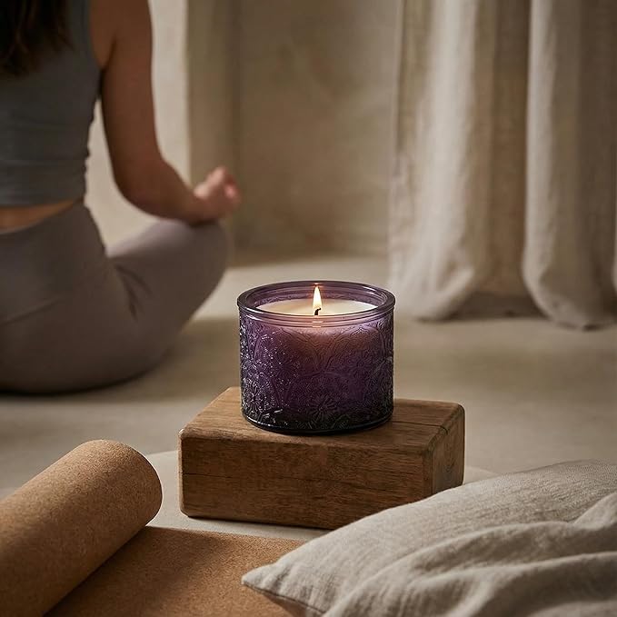 10 oz Embossed Glass Candle Container with Bamboo Lids and Labels, Purple Candle Jars for Making Candles, Mandala Design - Pack of 9