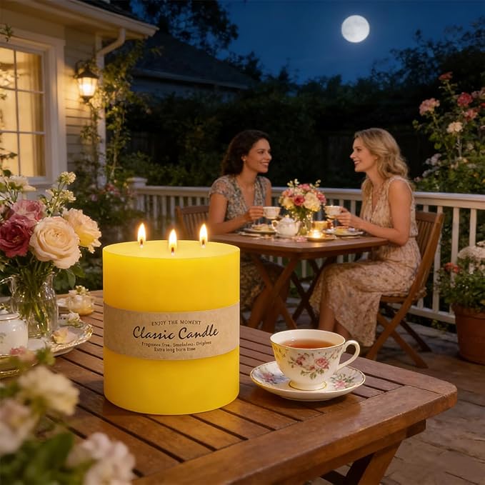 Large 3-Wick Yellow Pillar Candle - 6x6 Inch Dripless & Smokeless Unscented Fat Candle, 120 Hour Long Burning Hand-Poured Thick Candle with Cotton Wicks