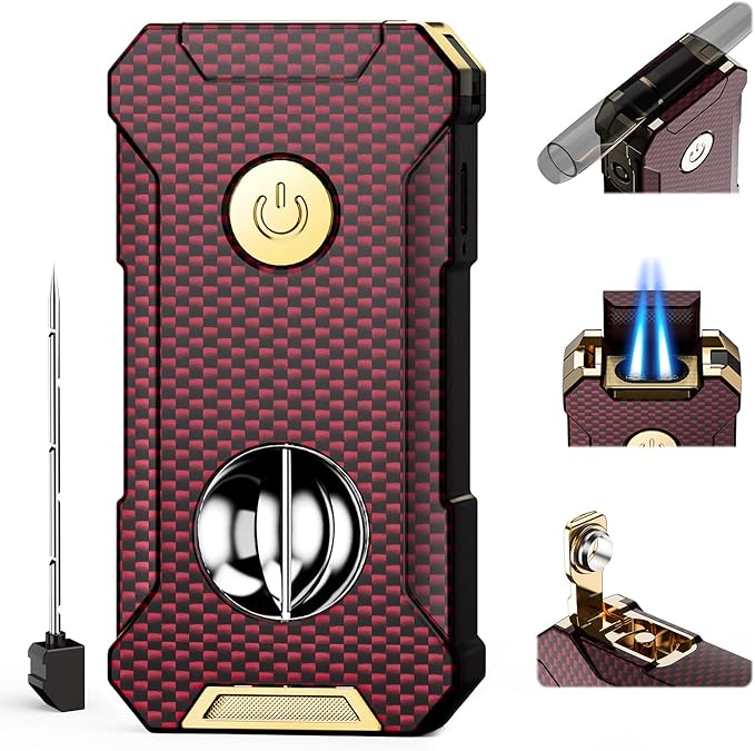 5-in-1 Torch Lighter with Cutter, Punch, Holder, and Draw Enhancer Tool, Adjustable Dual Jet Flames, Trendy Gift for Men, Refillable Butane Lighter, Rechargeable Lighters for Candle, Travel Outdoors