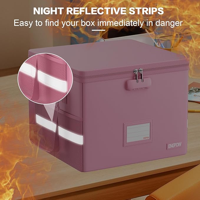 ENGPOW 5200°F File Box Fireproof Document Box with Lock,Heat Insulated Collapsible File Storage Organizer Box with Handle,Portable Home Office File Cabinet for Hanging Letter/Legal Size Folder, Pink