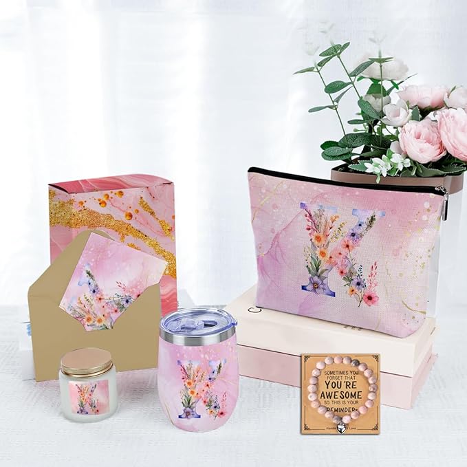 Personalized Gifts Monogrammed Birthday Gifts for Women, Soul Sister Bachelorette Party Wedding Christmas Initial Wine Tumbler Makeup Bag Scented Candle Bracelet Set, (Aesthetic Pink Flower K)