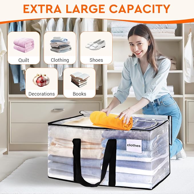 HomeHacks Clear Moving Bags Heavy Duty 2 Pack, Storage Bags with Zipper, Extra Thick Handles & Waterproof Packing Boxes for Moving, Camping, Home Organization 93L/24Gal (28.7"x14.2"x14")
