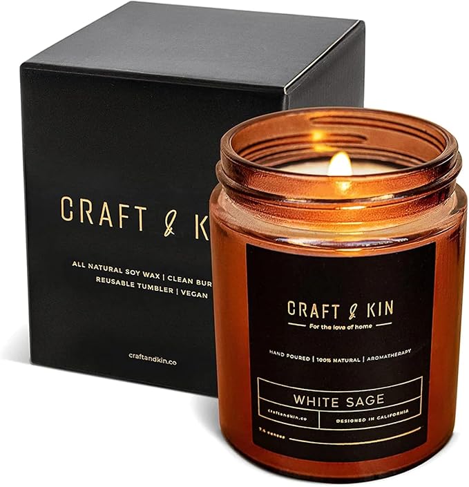 Craft & Kin Scented Candles for Men | Premium White Sage Winter Scented Candles | All-Natural Scent for Home | Long Lasting Holiday Candles with 45 Hour Burn Time, 8oz
