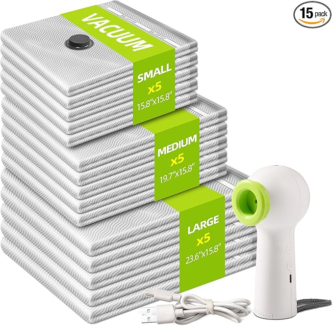 15 Pack Vacuum Seal Bags with Wireless Rechargeable Electric Pump,Vacuum Storage Bags with LED Light(5L+5M+5S),Travel Vacuum Bags for Luggage,Space Saver for Clothes & Clothing Travel
