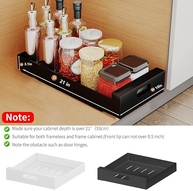bealy 21'' Deep Cabinet Organizer Adhesive, 10'' Wide Pull Out Cabinet Organizer for Face Frame or Frameless Cabinets, Roll Out Shelves for Kitchen Cabinets, Pantry Shelves, Bathroom, 2 Pack