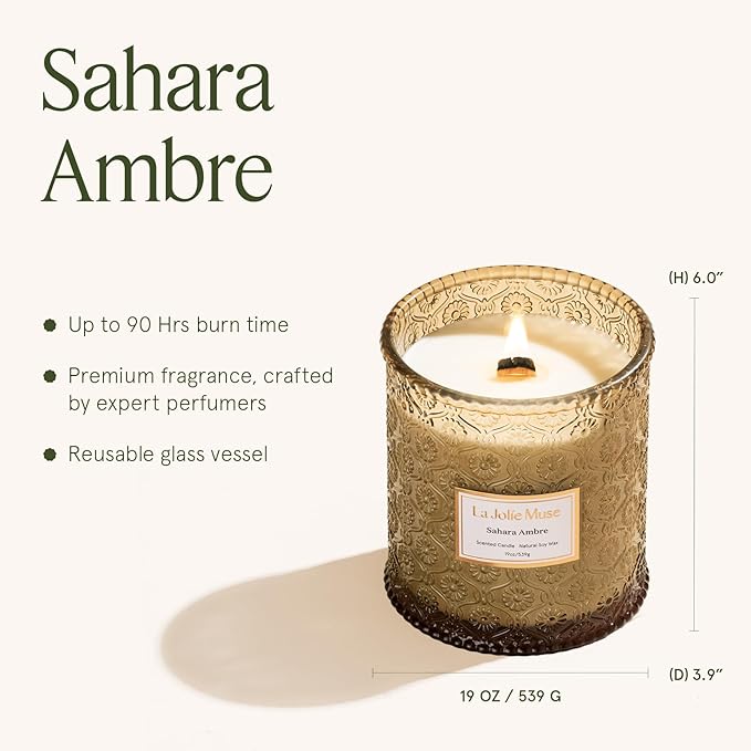 LA JOLIE MUSE | Sahara Amber Candle | Bergamot, Clove & Amber | 19 oz Wooden Wick | Natural Soy Wax | 90 Hours Clean Burn | Gift-Ready for Cozy Nights | Elevated Fall Décor