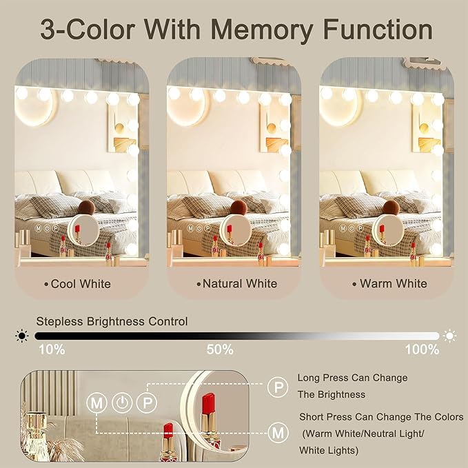Ratsamee Hollywood Vanity Mirror with Lights, 24 Dimmable Bulbs, 3 Color Lights,Make Up Lighted Mirror, Aluminum Metal Frame, USB Charging Port（48" x 30"）