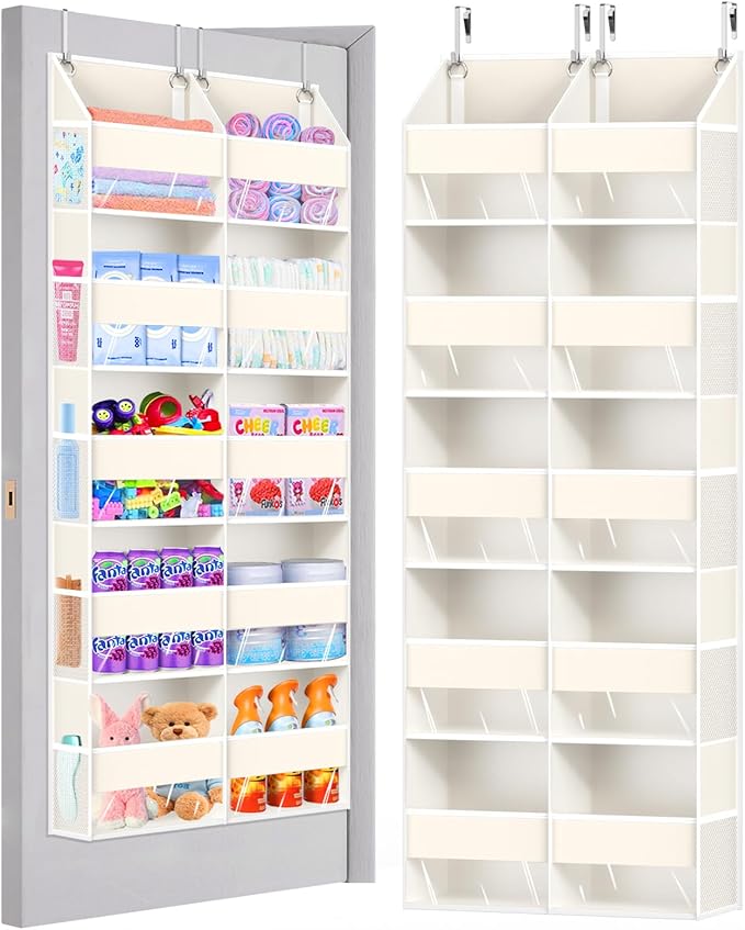 Heavy Duty Over The Door Organizer 5 Tiers, Extra Large Behind Door Storage of 10 Big Front & 10 Mesh Pockets, 80lb Weight Capacity, Hanging Doors Storage for Closet Bedroom Nursery, Beige