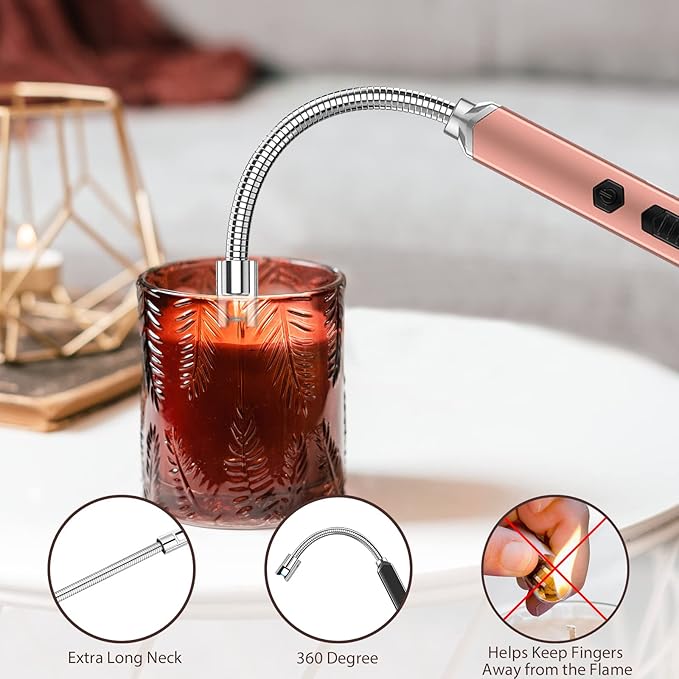 RAYONNER USB Rechargeable Electric Candle Lighter Windproof Plasma Arc Lighter with Flexible Neck for Deep Jars, BBQ, Camping Flameless Fire Starter Christmas Stocking Stuffers Gift (Black&Rose Gold)