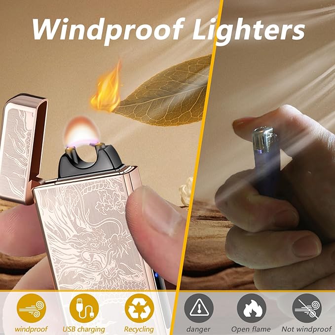 Dragon Electric Arc Lighter USB C Rechargeable Plasma Lighter for Camping, Fire Starters, Candles & Outdoor Gear | Windproof Igniter with Battery Indicator (Dragon Gold)