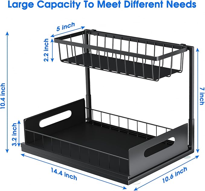 2 Pack Under Sink Organizer, 2 Tier Pull-Out Cabinet Storage Shelf, Rust-Resistant Metal Organizer for Kitchen Bathroom Laundry Room, No Tools Installation, Black