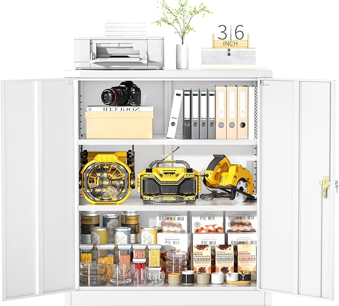 Greenvelly Metal Garage Storage Cabinet, Lockable Metal Cabinets with 2 Doors and Shelves,36”Steel Storage Locking Counter Cabinet for Office,Garage,Kitchen,Home,School(White)