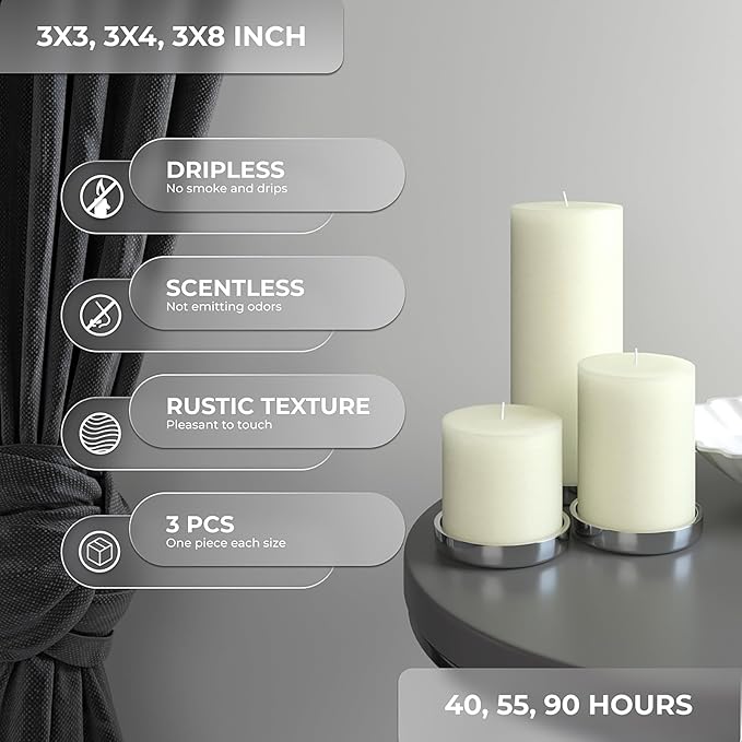 CANDWAX Assorted Pillar Candles Set of 3 – Sizes 3", 4", 8" Unscented Dripless Large Candles, Rustic Style Long Burning for Weddings, Home Decor – Ivory