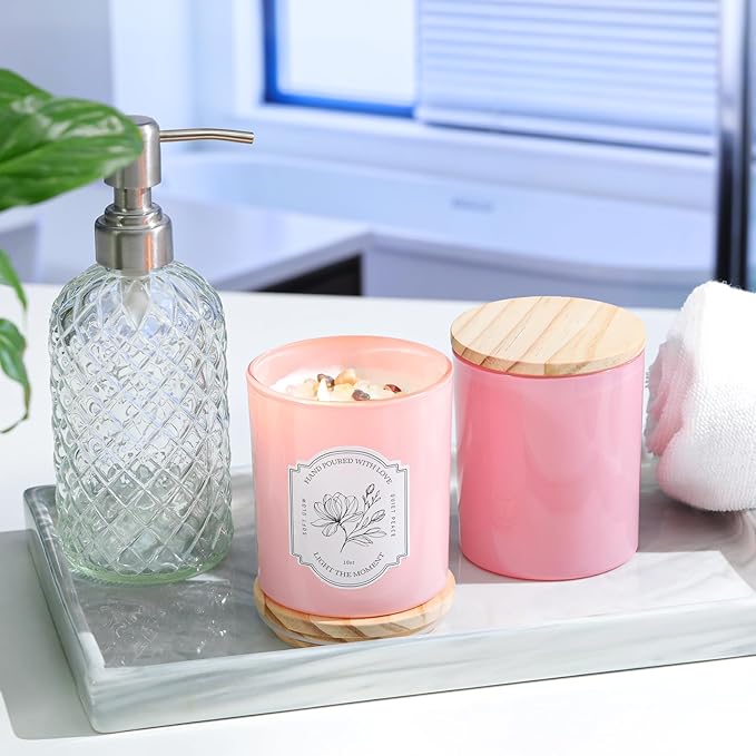 12Pcs Assorted Pink Glass Candle Jars with Wooden Lids for Making Candles, 10 OZ Empty Candle Jars with Labels and 100g Crystal Rocks, Candle Making Supplies Candle Containers for Home DIY & GIFTS