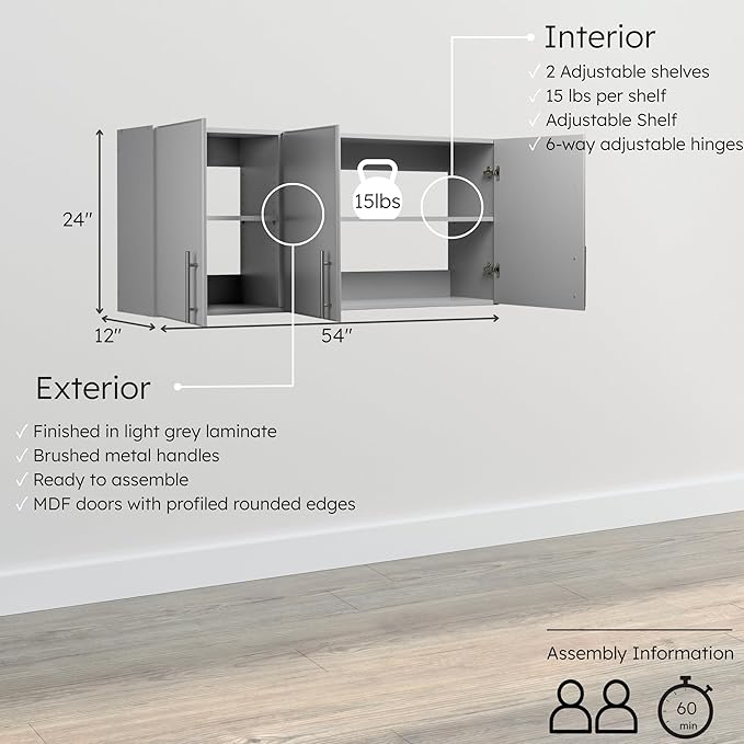 Prepac Elite 54" Wall Cabinet, Light Gray Storage Cabinet with 2 Adjustable Shelves, Storage for Pantry, Kitchen and Bathroom 12" D x 54" W x 24" H