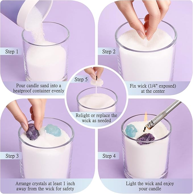 BRELANO Crystal Candle Making Kit – No-Melt Candle Sand, 18 oz Pearled Wax, 30 Cotton Wicks, 3 Natural Crystals & Refillable Glass Jar – DIY Candle Gift Set for Women & Home Decor