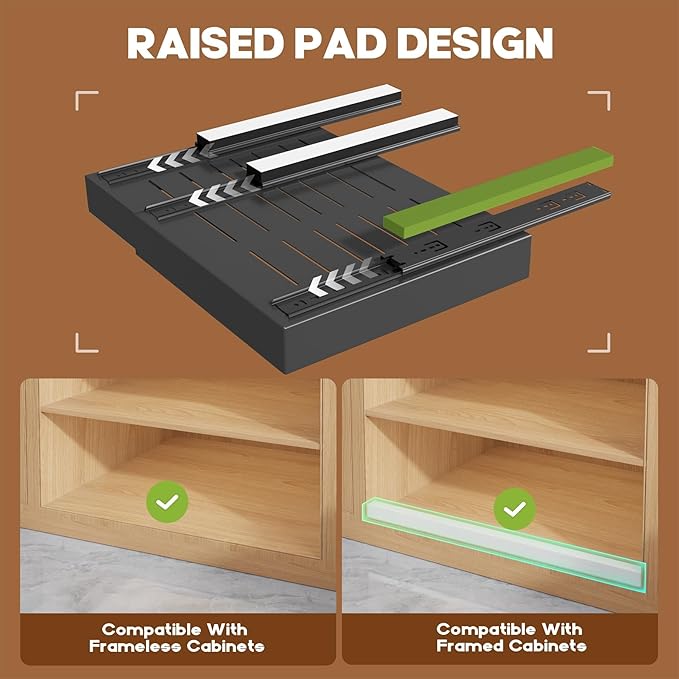 4 Pack Expandable (15.1"-26.3") Pull Out Cabinet Organizer 21" Deep With Raising Pad for Framed Cabinets,Upgrade 3 Slide Rails Slide Out Drawers,No Drill Roll Out Shelves Adhesive,Black