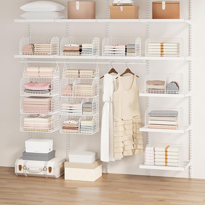 SWTYMIKI Hanging Closet Organizer Storage - 4 Tier Metal Stackable Hanging Closet Shelves with Dividers and S Hooks, Foldable Clothes Shelves for Clothes, Pants, Shoes, Coat, Hats Clutches Accessories