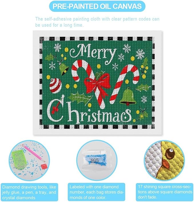 AIVKIEJK Diamond Painting Kits for Adults - Festive Merry Christmas Red Bow, Candy Cane & Bell Painting DIY 5D Full Drill Diamond Dots Paintings with Diamonds Gem Art and Crafts Home Decor 16"x20"