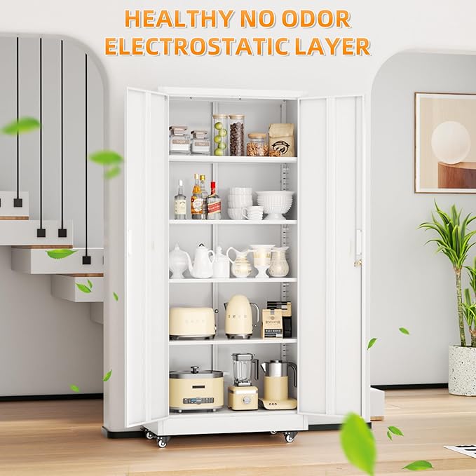 Superday 73" Metal Storage Cabinet with Wheels, Lockable Steel Utility Cabinet with 2 Doors and 4 Adjustable Shelves, Rolling Storage Cabinets for Garage, Home Office, Kitchen Pantry, White