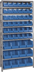 Quantum Storage Systems QSBU-230240BL Giant Open Hopper Steel Shelving System, 12" D x 36" W x 75" H, with 10 Shelves and 36 QUS230 and 12 QUS240 Bins, Blue