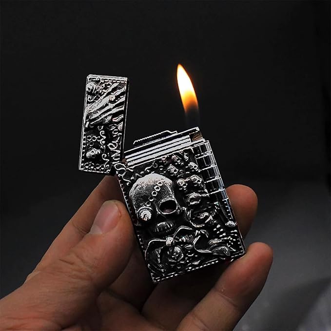Carving Skull Antique Lighter, Vintage Cool Metal Lighters Refillable, Novelty Lighters for Men for Candles Ideas (No Butane Fuel). (Gold)