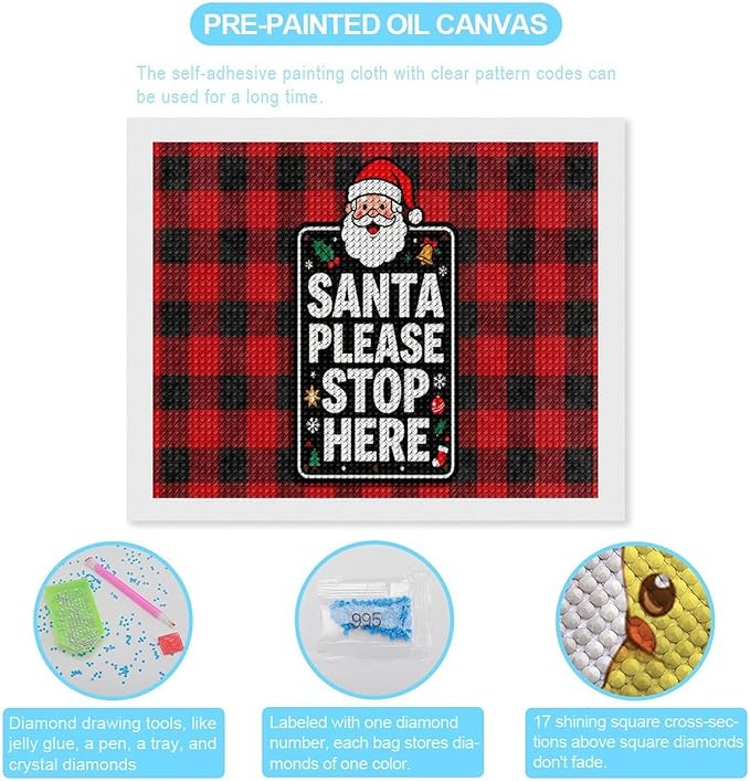 AIVKIEJK Diamond Painting Kits for Adults - Holly & Stars, Santa Please Stop Here Painting DIY 5D Full Drill Diamond Dots Paintings with Diamonds Gem Art and Crafts Home Decor 16"x20"