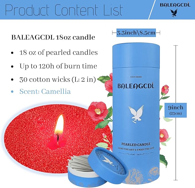 Southern Belle Pearled Candle – 18 Oz Camellia Scented Sand Candles with 30 Wicks | Refillable Red Wax Long-Lasting Powder 120 Hours Clean Burning for DIY
