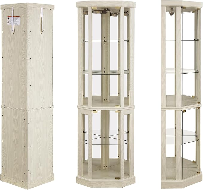 69" H Lighted Curio Cabinet Corner Display Case,Corner Glass Cabinets with Tempered Glass Door and Adjustable Shelves,Wooden Curio Cabinet with Mirrored Back Pane(Style 1 - Antique White)