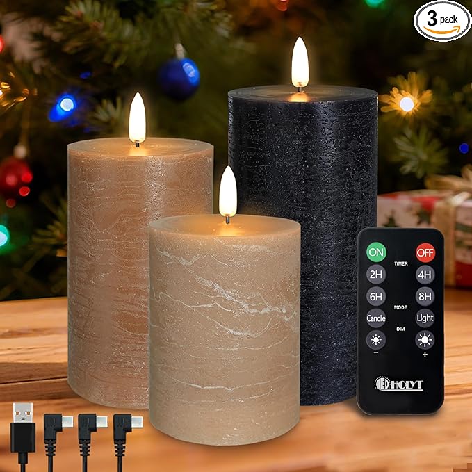 Rechargeable Flameless LED Pillar Candles–Luminous Real Wax Indoor Home Decor–Set of 3, Realistic Flickering LED Flame,Remote & Timer, USB-Rechargeable（Caramel Beige）