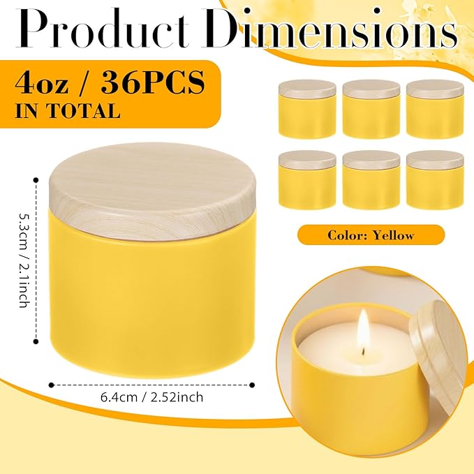 Honeydak 36 Pcs 4oz Yellow Candle Jars Bulk Candle Tins Small Empty Containers with Metal Wood Grain Printing Lids for Making DIY Jars Storage Wedding Gifts