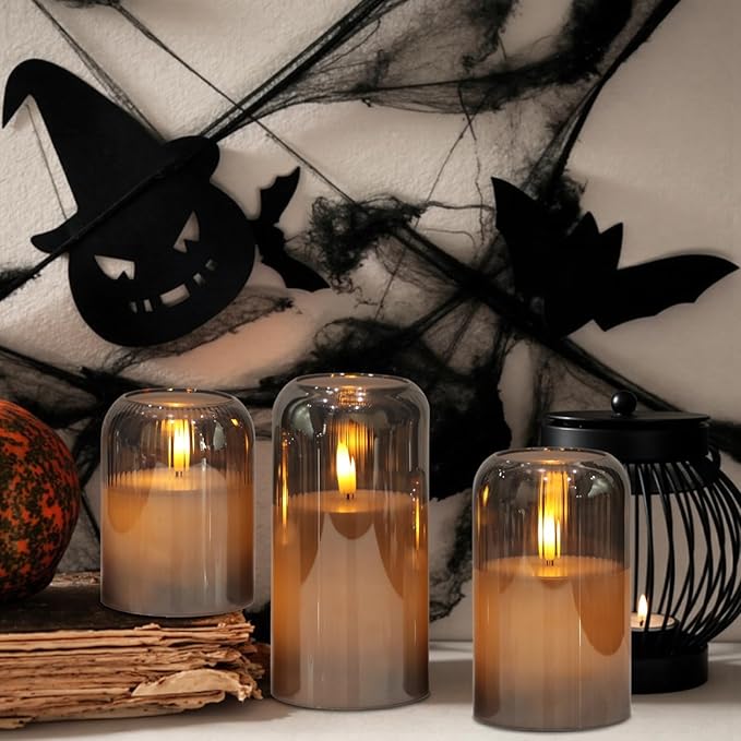 Glass Flameless Candles, Striped Glass Flameless Candles with Remote, Set of 3 Battery Operated Candles with Flickering 3D Wick, LED Pillar Candle for Home Halloween Decor(Grey, D3”xH4”5”6”)